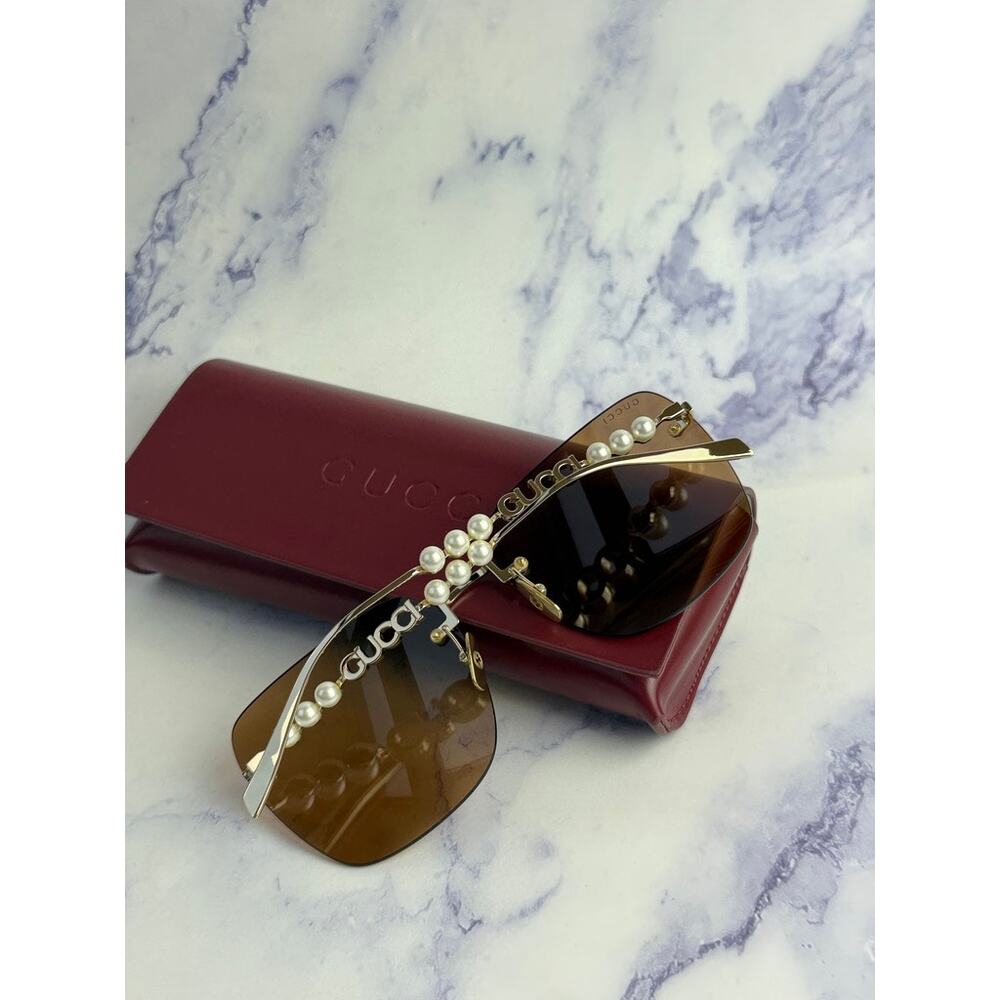 NEW Gucci GG1923SA Gold Brown Square Pearl Sunglasses - Picture 3 of 8